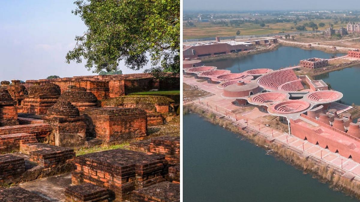 (L-R) Nalanda Mahavihara ruins and present Nalanda University campus